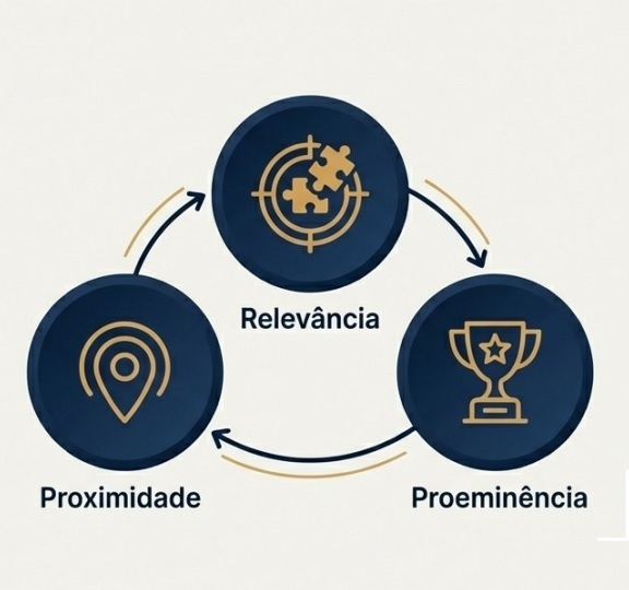 Gráfico representando o cadastramento correto do Google Perfil Empresa com relevância, Proeminência e Proximidade