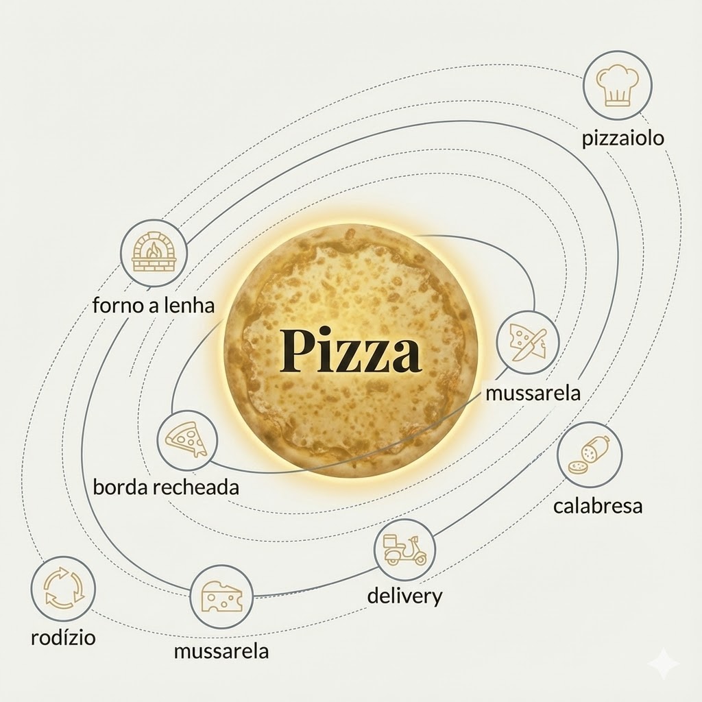 Uma Pizza mostrando ao seu redor as palavras (LSI) que fazem parte de seu Ecossistema de palavras-chave