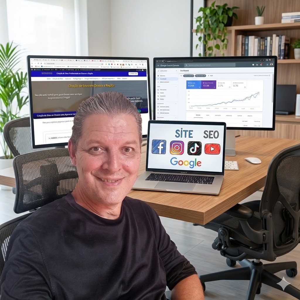 Não Perca Seu Dinheiro Com Rede de Display Google Ads Reinaldo, consultor de SEO da SOSSEO, em seu escritório em Osasco. Ao fundo, monitores exibem o site da agência e um gráfico de crescimento no Google Search Console, ilustrando estratégias de tráfego orgânico e criação de sites profissionais.