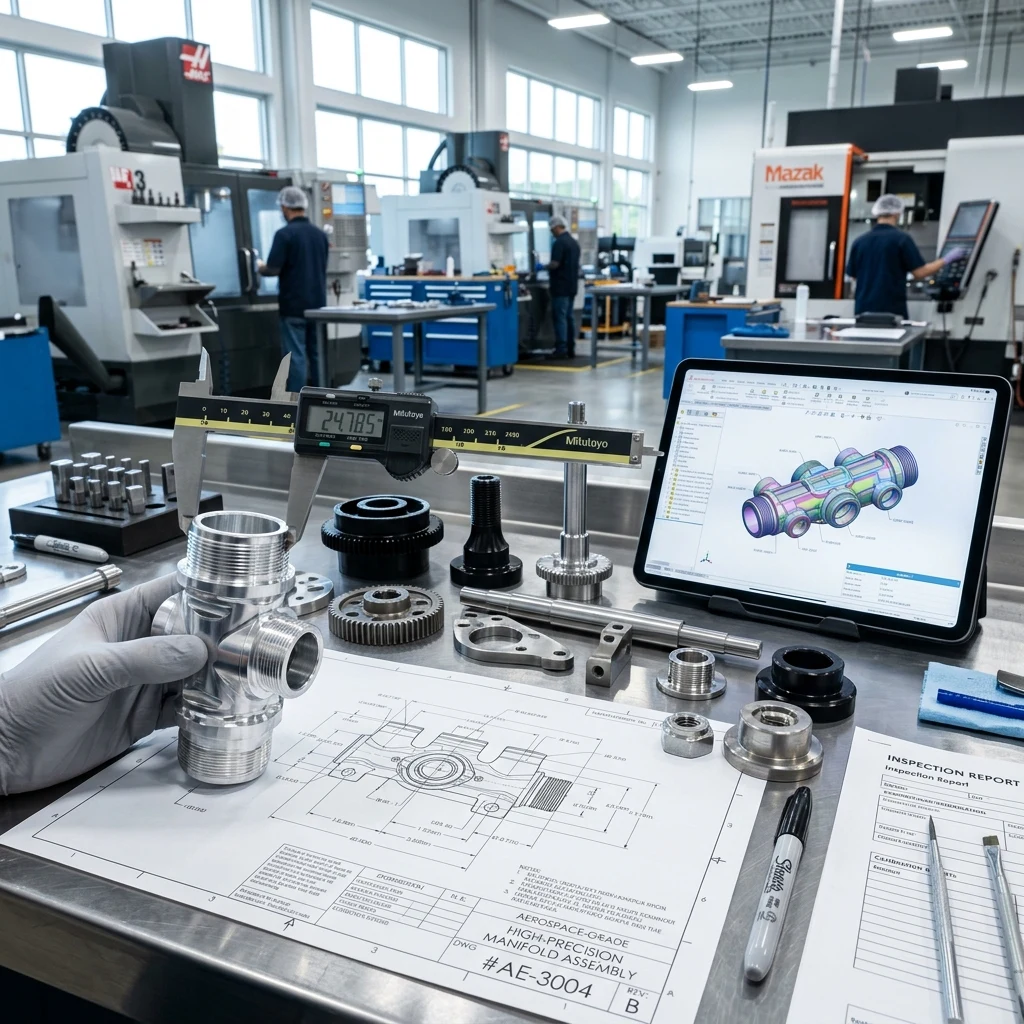 Peças técnicas usinadas, paquímetro digital, desenho técnico e tablet com projeto 3D CAD