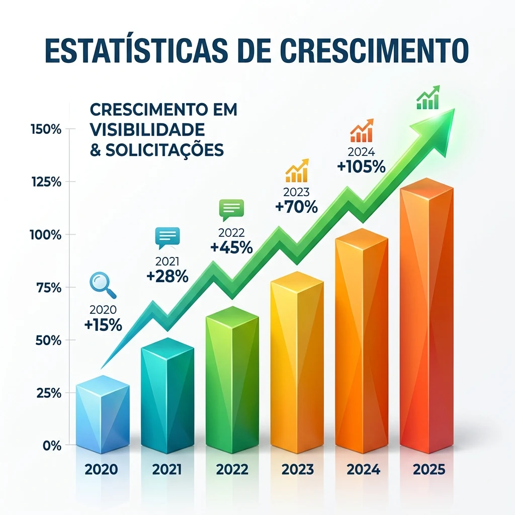 Não Perca Seu Dinheiro Com Rede de Display Google Ads Infográfico 3D de colunas ascendentes com seta verde e títulos em português: Estatísticas de Crescimento" e "Crescimento em Visibilidade & Solicitações.