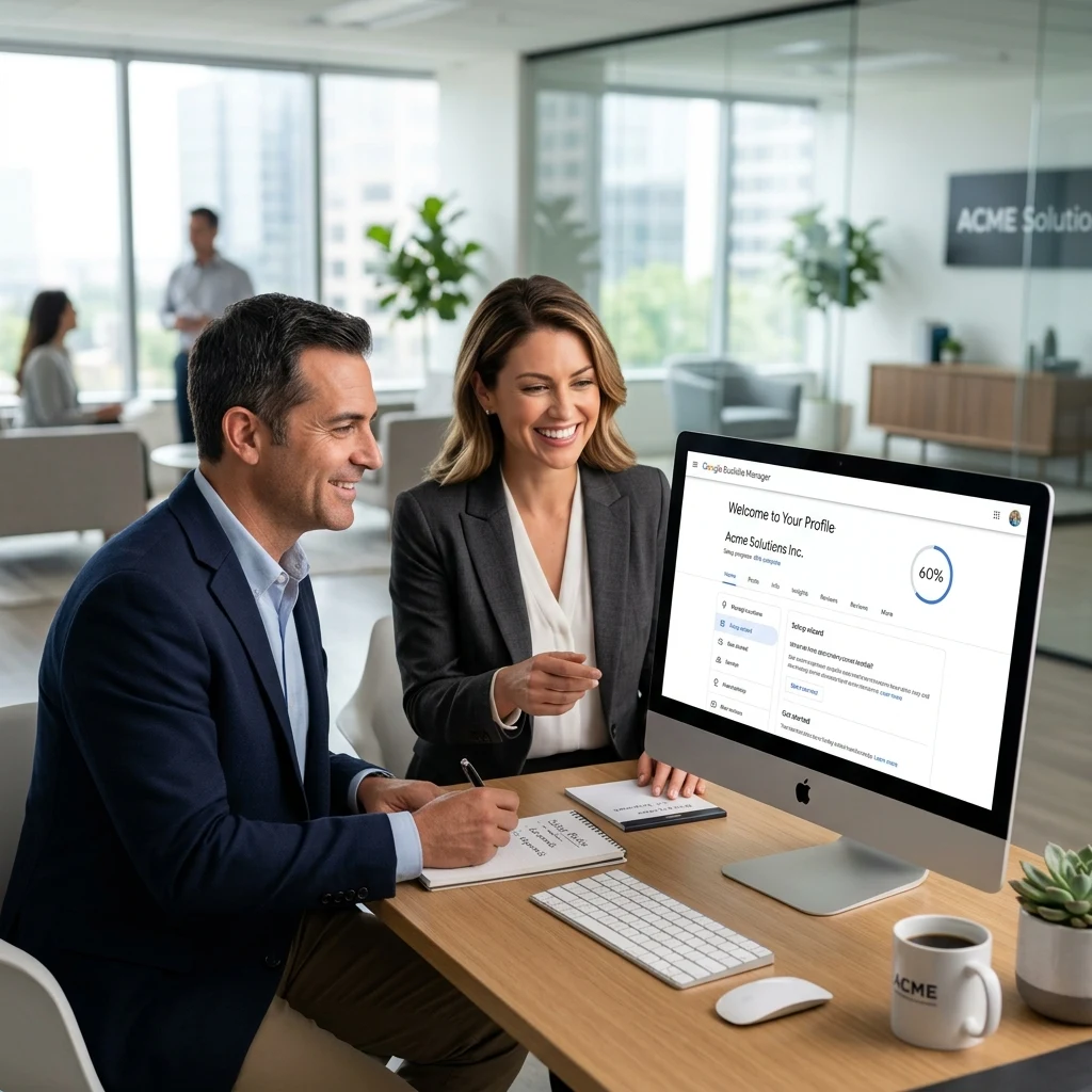 Não Perca Seu Dinheiro Com Rede de Display Google Ads Dois executivos no escritório configurando o painel oficial do Perfil de Empresa no computador.