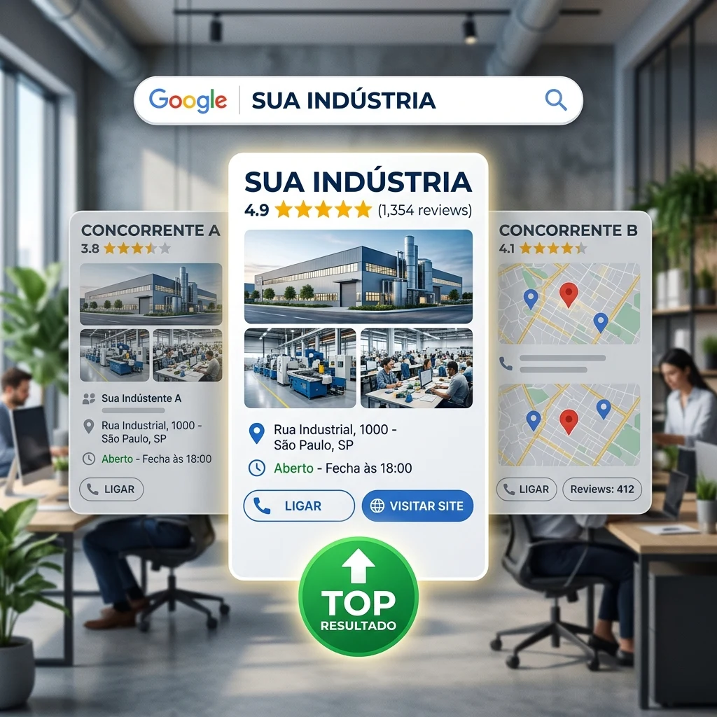 Criação de Sites em Osasco e Região Comparativo no Google: no topo "SUA INDÚSTRIA" com 4.9 estrelas, fotos da fábrica e selo "TOP RESULTADO", superando os concorrentes A e B.