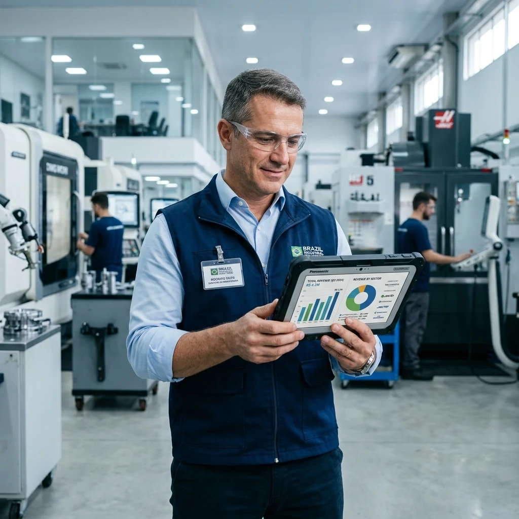 Diretor industrial em fábrica moderna com tablet exibindo gráficos de receita de clientes B2B diversificada.