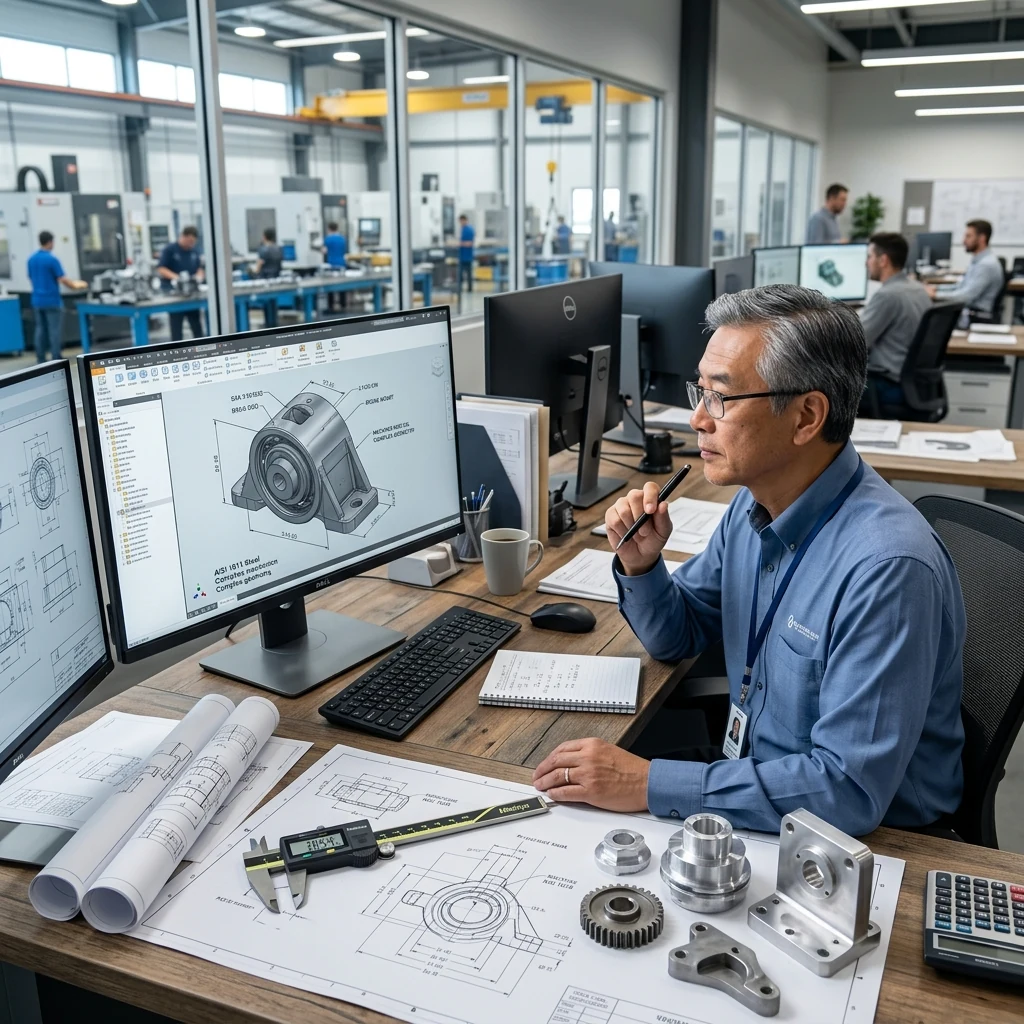 Engenheiro orçamentista analisando projeto técnico CAD de componentes industriais para qualificação de cotações B2B.