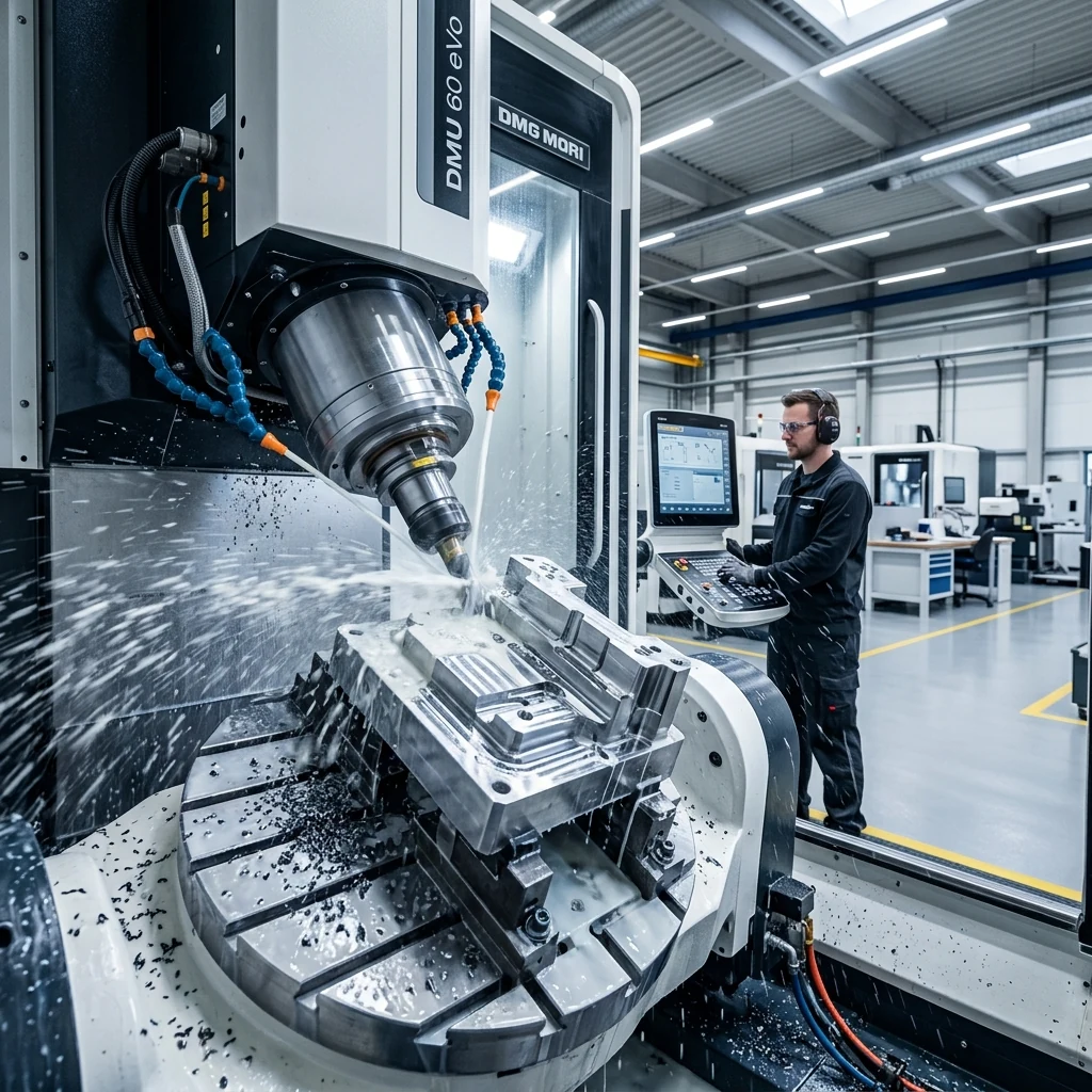 Centro de usinagem CNC de precisão operando em fábrica moderna para redução do CAC industrial e atração de pedidos seriados.