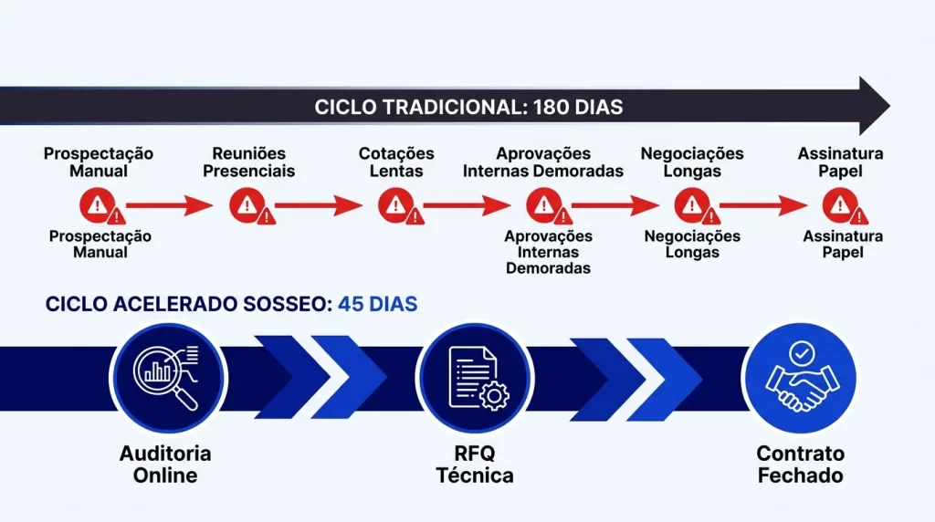 Infográfico comparativo do pipeline industrial: fluxo tradicional de 180 dias com gargalos burocráticos versus ciclo acelerado SOSSEO de 45 dias com validação técnica online. Infográfico comparativo do pipeline industrial: fluxo tradicional de 180 dias com gargalos burocráticos versus ciclo acelerado SOSSEO de 45 dias com validação técnica online.