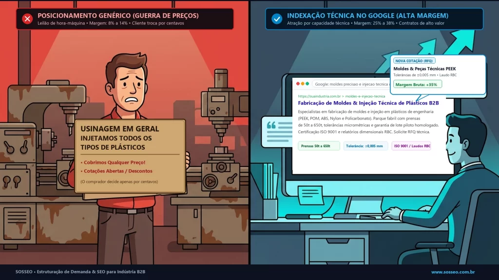 Infográfico comparando posicionamento genérico de usinagem em leilão de preços versus indexação técnica de alta capacidade no Google B2B