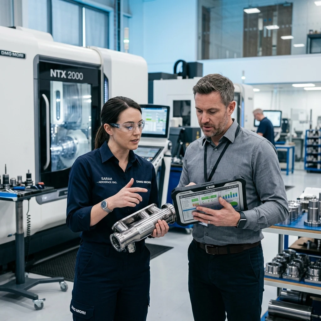 Metodologia Fabril Como Encurtar Ciclo de Vendas Industrial Diretor comercial e engenheira avaliando métricas em tablet e peça usinada CNC de precisão para encurtar o ciclo de vendas industrial no B2B.