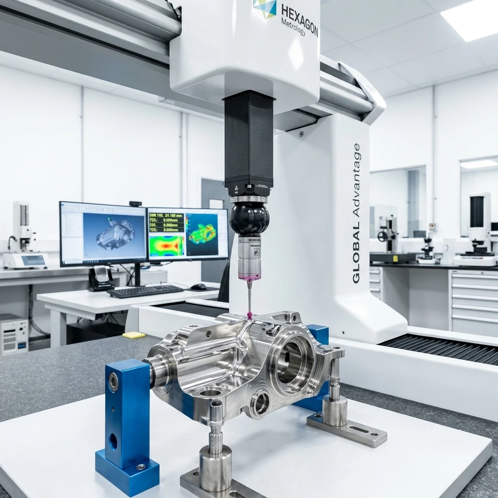 Maquina de medicao por coordenadas CMM tridimensional inspecionando peca de usinagem com sonda de rubi em laboratorio climatizado
